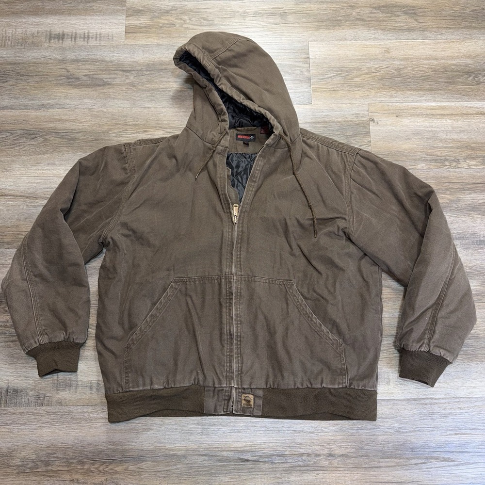 Wolverine Brown Canvas Hooded Work Jacket Mens XL Quilted Black Inner Lining